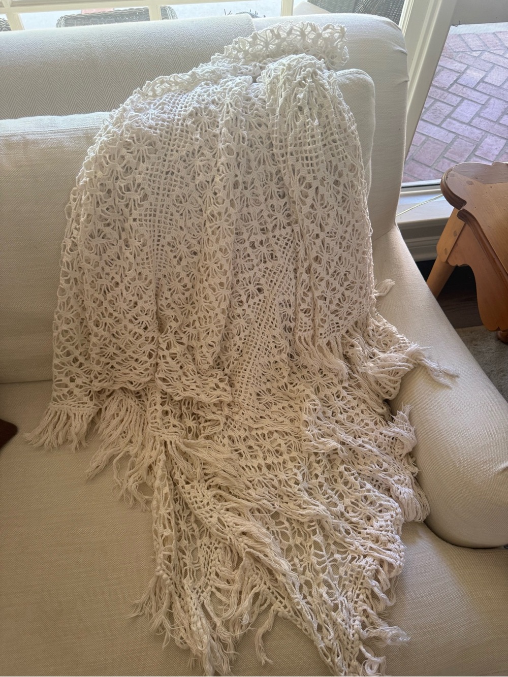 Vintage Large Crochet Throw Blanket Cream Floral Openwork